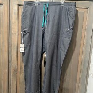 Figs Charcoal Cargo Pants with Aqua Drawstring